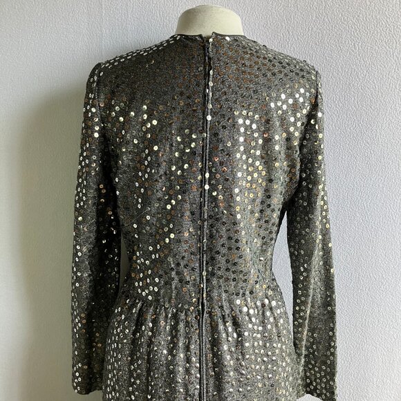 1970s Silver Sequined Modest Long Sleeve Maxi Dress - Picture 3 of 15